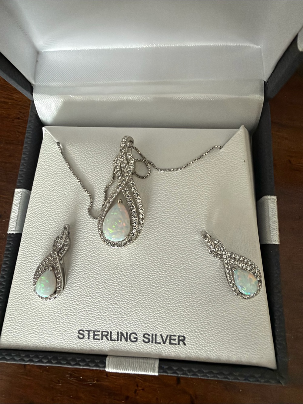 Sterling Silver Opal Teardrop Necklace and Earrings Set - Picture 2 of 3